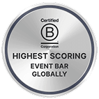 Silver Certified B Corporation badge recognizing Better World Bar Hire as the highest scoring event bar globally.