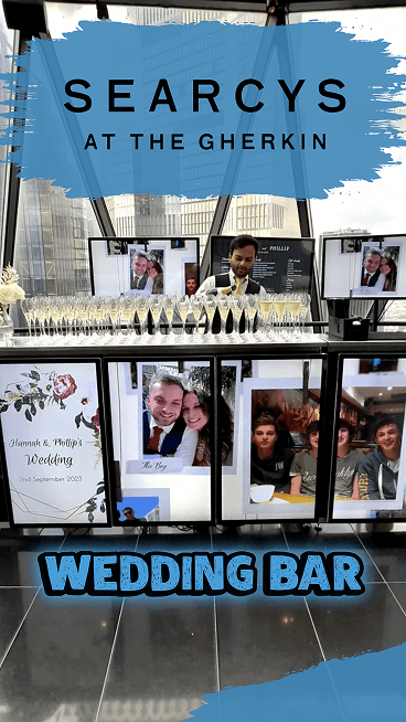 A bartender pouring champagne at a sustainable wedding bar hosted at Searcys at the Gherkin, featuring custom digital bar screens displaying photos of the couple.