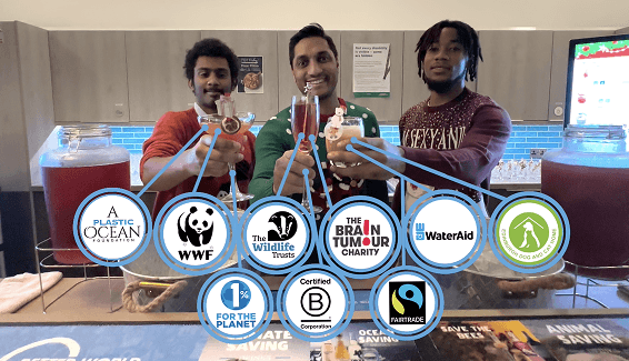 Three smiling bartenders raising cocktails behind a bar with graphic overlays connecting their drinks to various charity logos representing our sustainable event supply chain powered by purpose and social enterprise partners