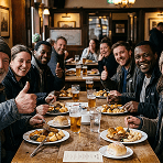 A group of smiling people enjoying a meal and giving thumbs up at a long wooden table inside The Green Vic pub representing our partnership with Crisis