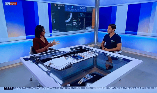 A video thumbnail showing our founder Randy Rampersad sitting in a television studio being interviewed live on Sky News about our sustainable event bar model