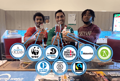 Three professional bartenders toasting with sustainable cocktails overlaid with logos of our charity partners representing the customisable ESG impact of our ethical drinks menu