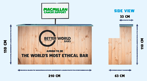 A visual graphic displaying the exact front and side measurements of our wooden modular mobile bar with a digital screen showing charity branding. The dimensions illustrate how the purpose built unit folds completely flat for seamless transport through tight doorways and challenging corporate venues