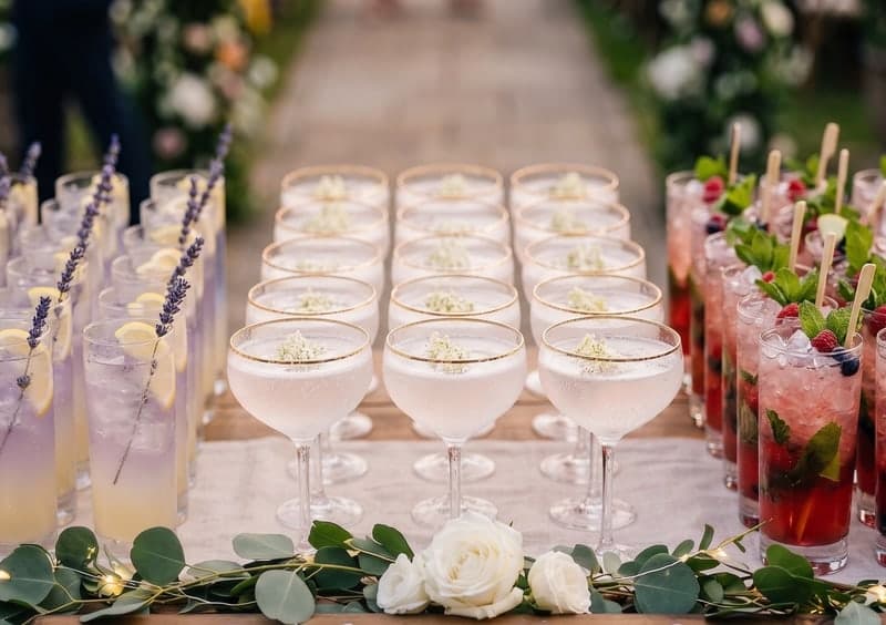 Rows of lavender cocktails, gold rimmed Champagne coupes and fresh berry mojitos lined along a wedding welcome drinks table dressed with eucalyptus and white roses, representing our sustainable wedding welcome drinks service