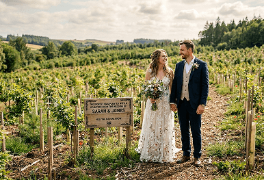 A newlywed couple holding hands and smiling at each other next to a wooden sign in a field of young saplings representing the dedicated wedding forest planted in their honor